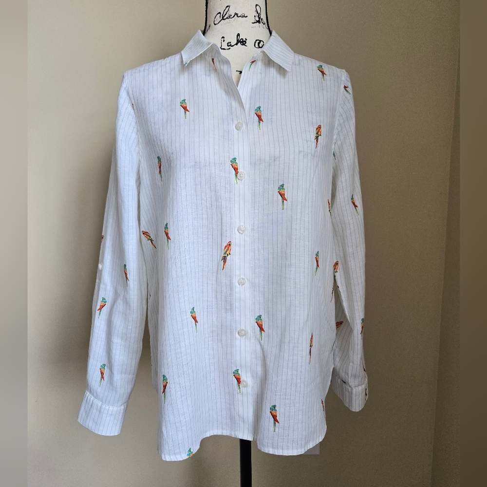Chicos Linen Shirt Womens 4/6 Parrot Print Button Front